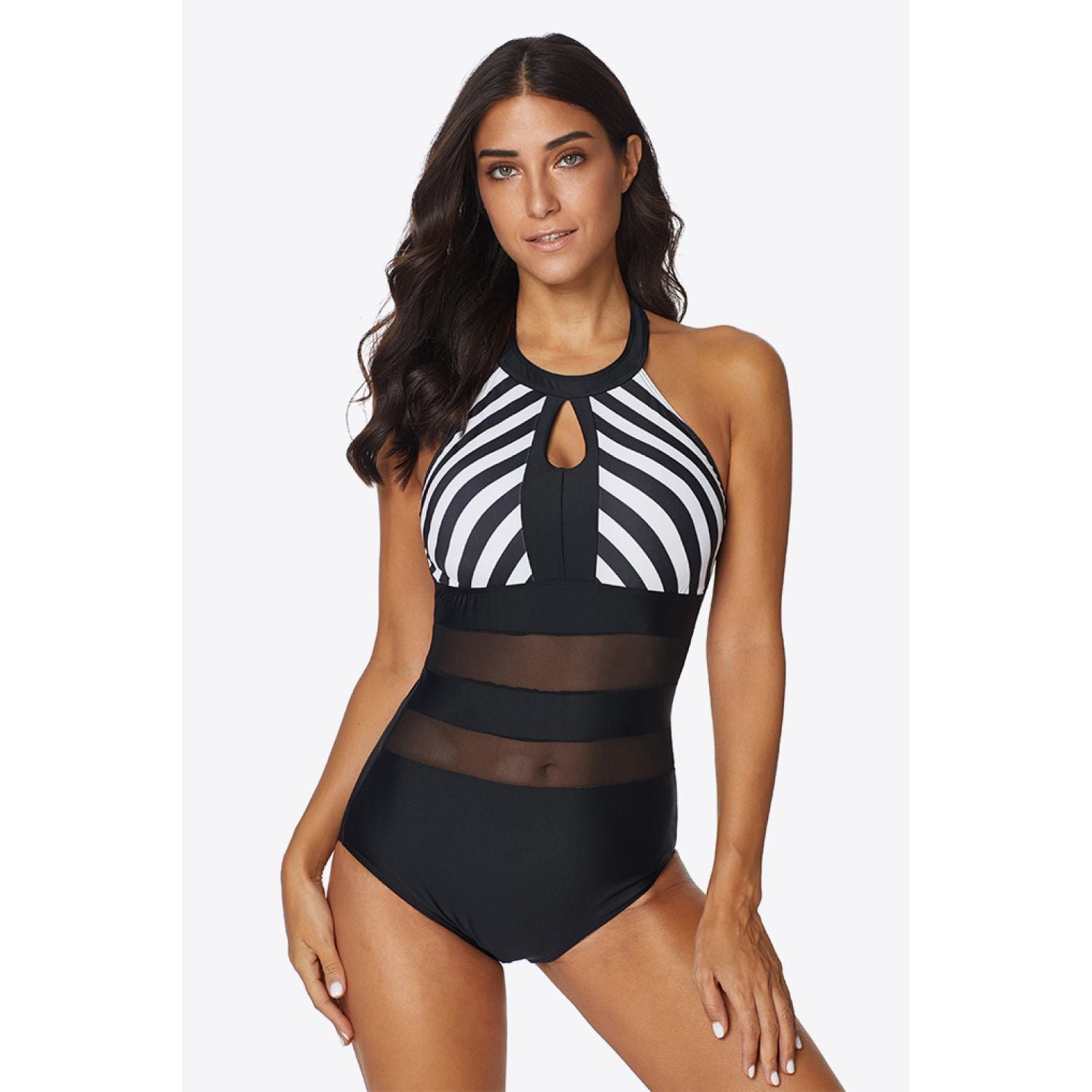 Striped Cutout Spliced Mesh Halter Neck One-Piece Swimsuit - TiffanyzKlozet