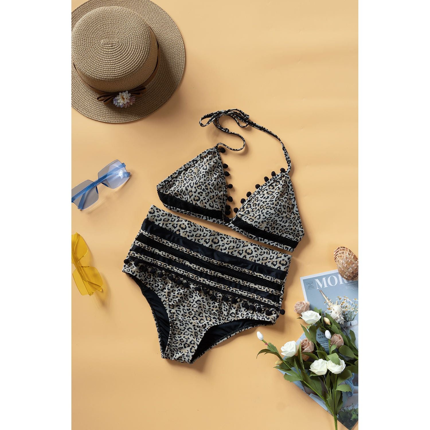 Printed Pompom Detail Halter Neck Two-Piece Bikini Set - TiffanyzKlozet