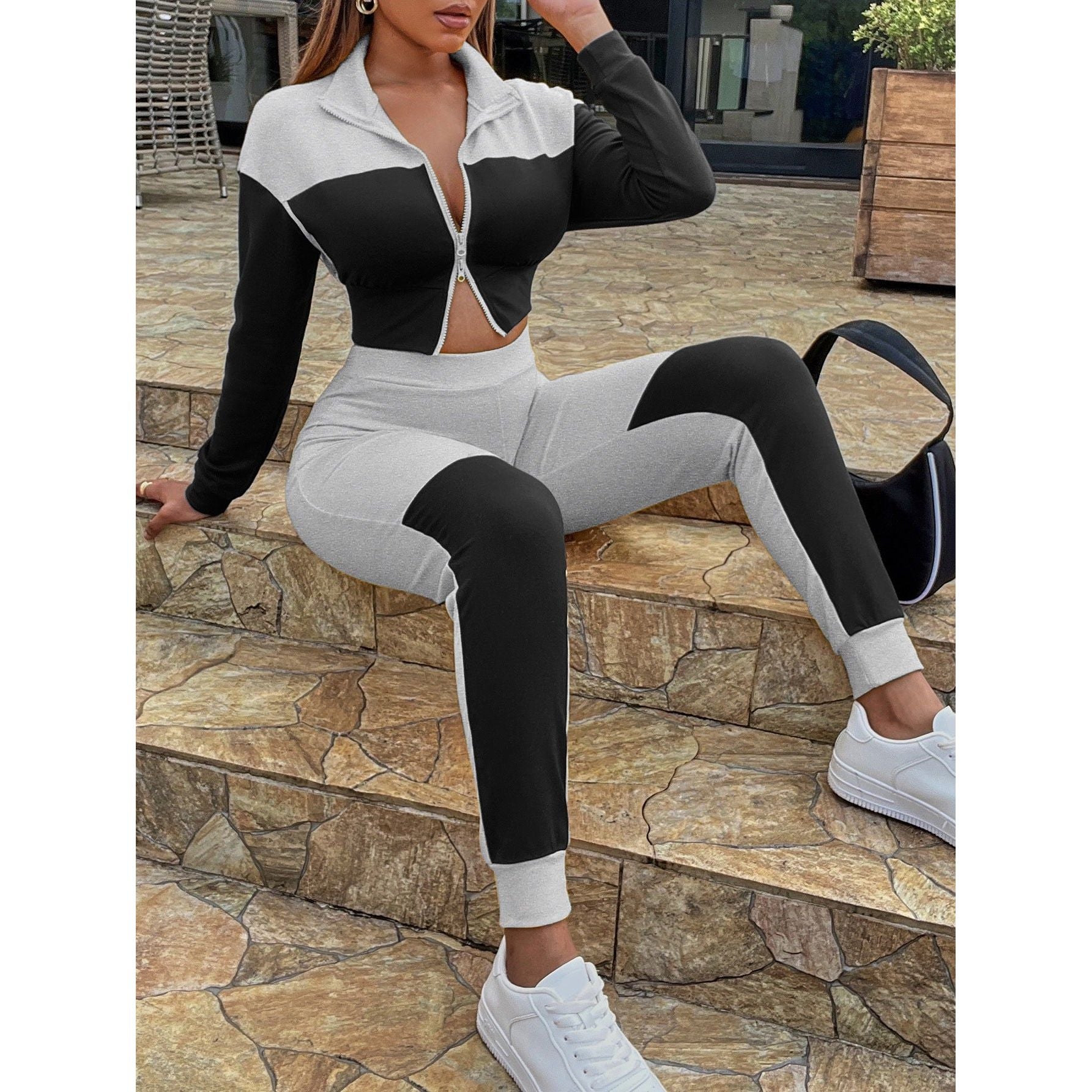 Two-Tone Collared Neck Top and Joggers Set - TiffanyzKlozet