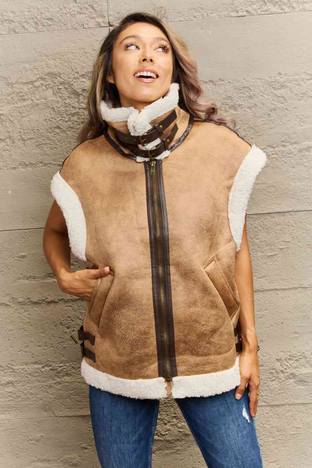 Collared Zip-Up Suede Sherpa Vest - TiffanyzKlozet
