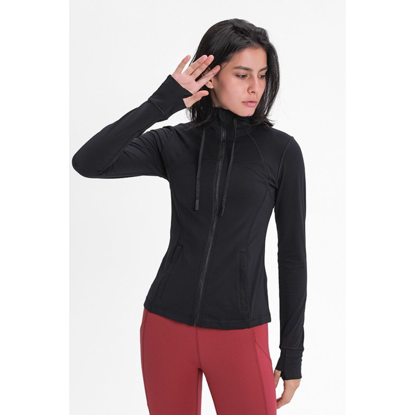 Zip Up Drawstring Detail Hooded Sports Jacket - TiffanyzKlozet