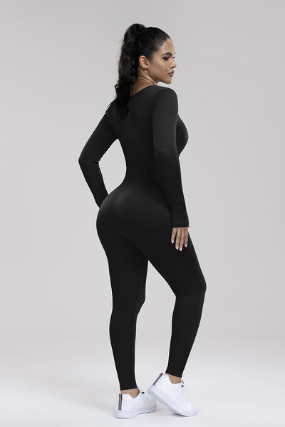 Square Neck Long Sleeve Active Jumpsuit - TiffanyzKlozet